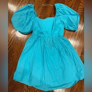 A New Day Turquoise Mini Dress with Puff Sleeves and a smocked back cut out